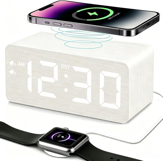 URAYCO Wooden Digital Alarm Clock, 10W Fast Wireless Charger Station & 2 USB Charging Ports, with 0~99% Dimmer, Dual Alarm, Weekday/Weekend Mode, Wood LED Clock for Bedroom, Desk, Office