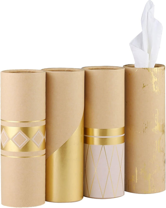 Car Tissue Holder with 3-ply Facial Tissues Bulk - 4 PK - Gold Foil Tissues Cylinder for Car Cup Holder, Travel Tissues, Refill Tissue Box Round Container Kraft