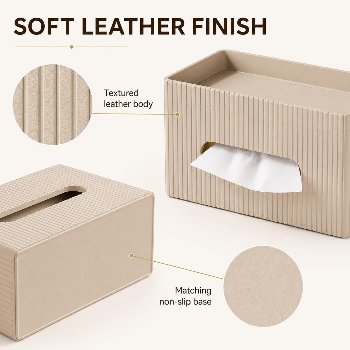 KINGFOM Ribbed PU Leather Tissue Box Cover with Storage Tray, Rectangular Facial Tissue Holder for Bathroom Vanity, Nightstand & Office Desk, Modern Decorative Tissue Dispenser (Warm Beige)