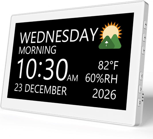 Raynic Digital Clock,10.1 Inch Large Display Calendar Clock with 12 Themes, 20 Alarms, 20 Reminders, Auto Dimming, 12/24 Hours for Seniors, Desk (White)