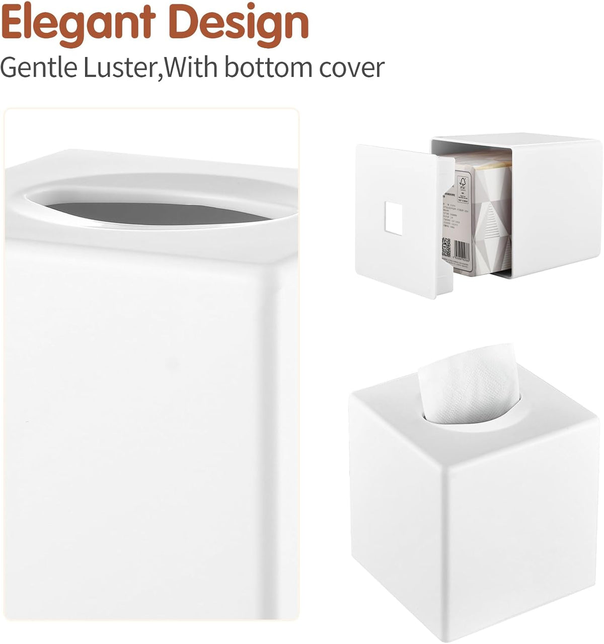 Y-in Hand Tissue Box Cover, Square Facial Tissue Holder with Bottom, White