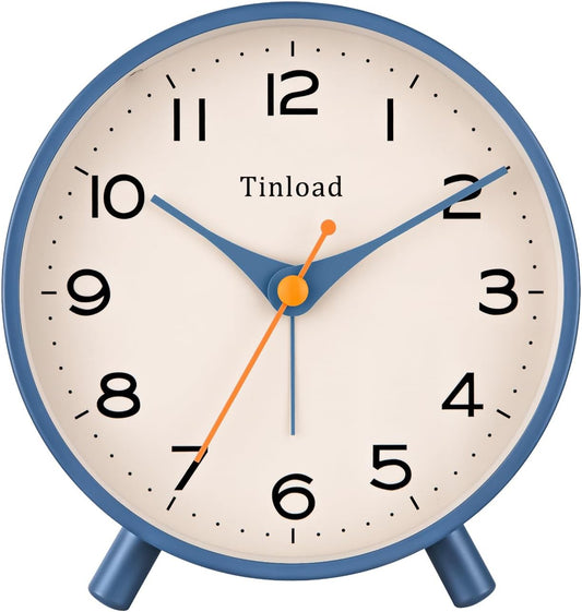 Tinload 4.5" Antique Retro Analog Alarm Clock, Small Silent Bedside Desk Clock,Lighted on Demand, Battery Operated, Snooze, for Living Room, Bedroom, Bedside(Blue)