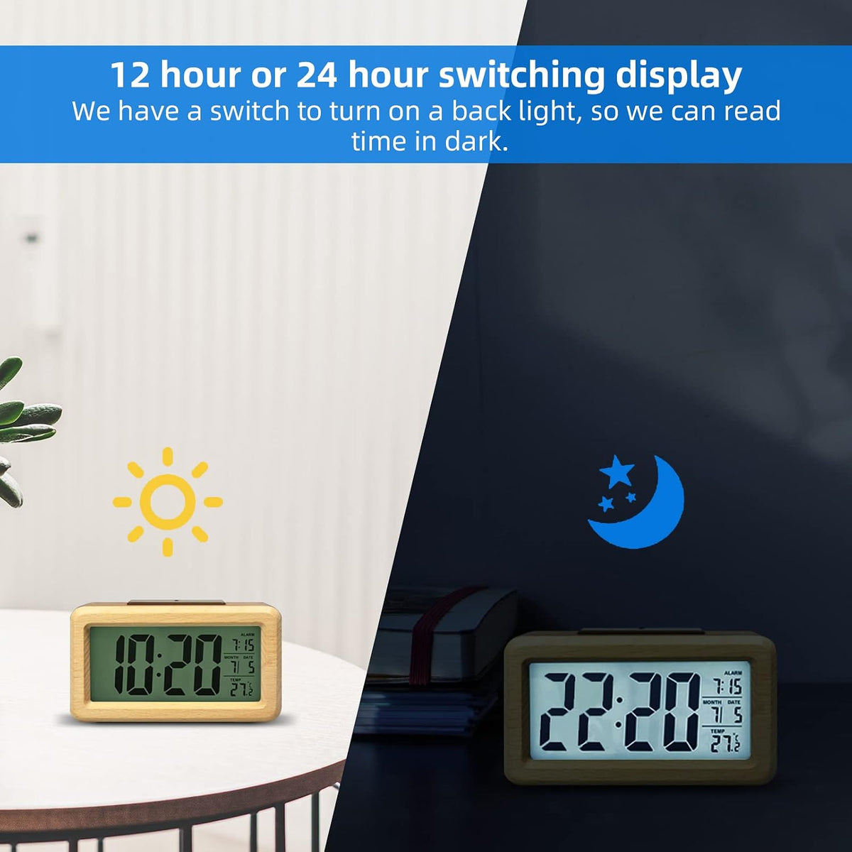 everwood Wooden Digital Battery Operated Alarm Clocks for Bedrooms