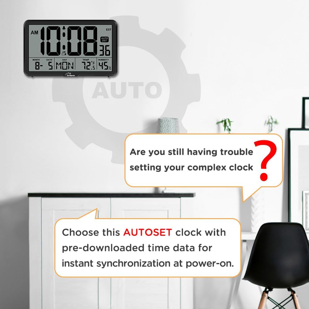 WallarGe Auto Set Digital Wall Clock Battery Operated, Auto DST