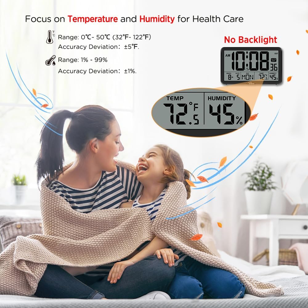 WallarGe Auto Set Digital Wall Clock Battery Operated, Auto DST