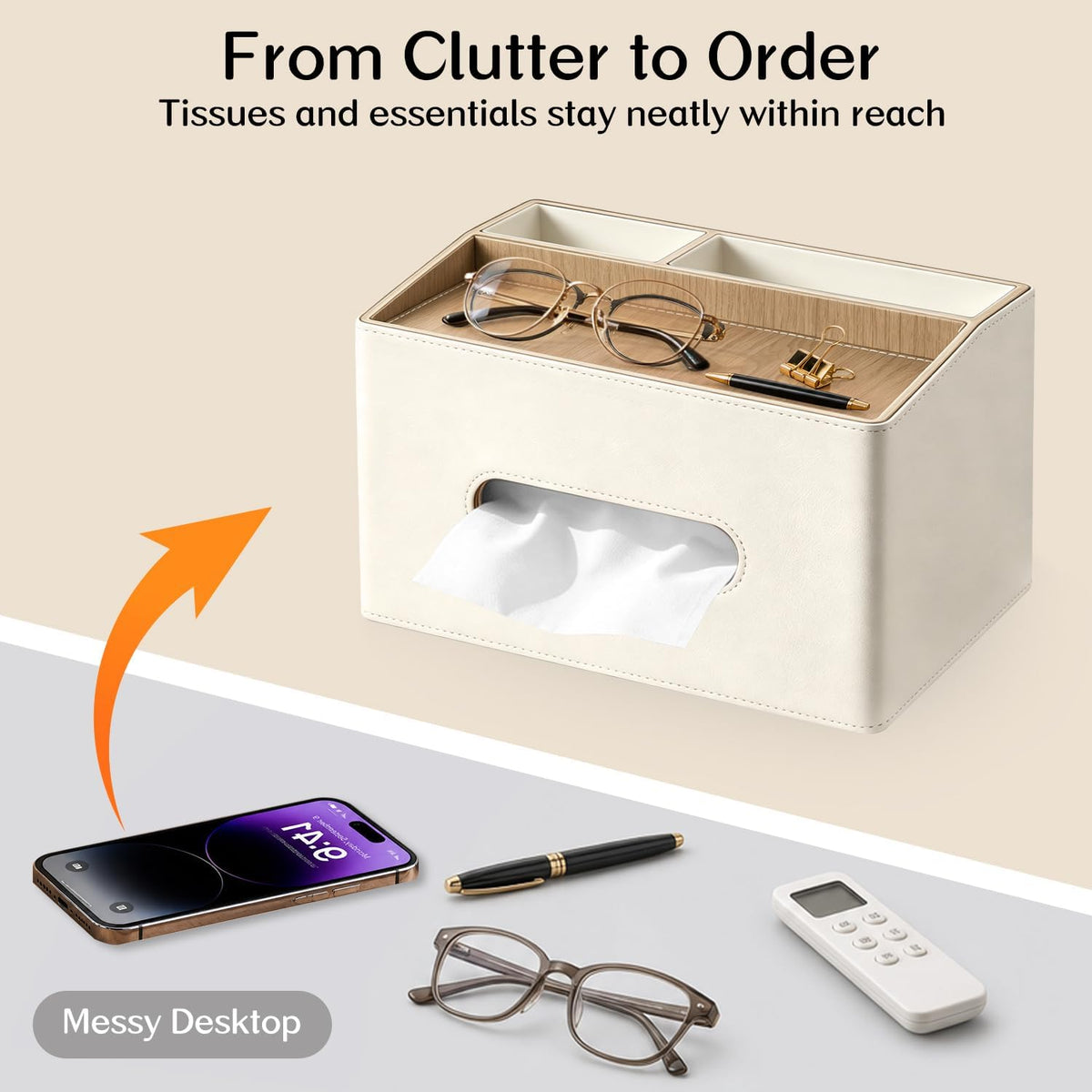 PU Leather Tissue Box Holder Rectangle,Facial Tissue Cover with Tray on Top