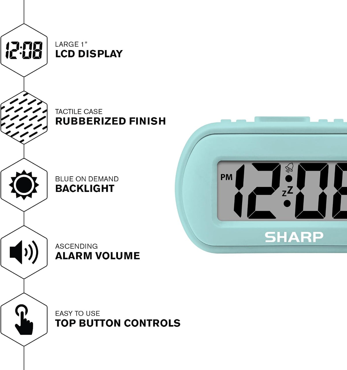 Sharp Battery Alarm Clock with Soft-Touch Case and Blue Backlight, Mint