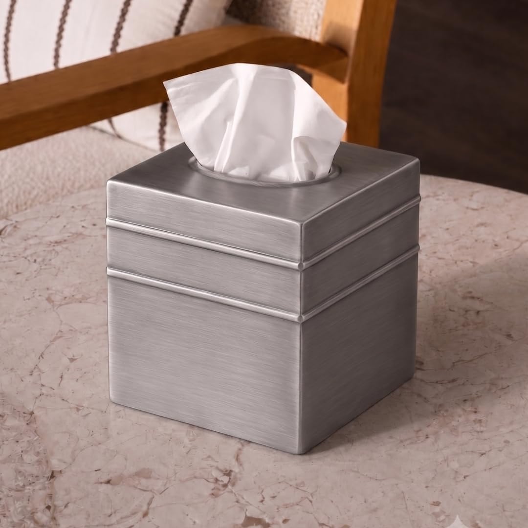 Monarch Abode Tissue Box Cover Square – Handcrafted Border Embossed Pewter Metal Tissue Holder Box for Bathroom Accessory, Aesthetic Decorative Facial Napkin Cube for Modern Home Decor