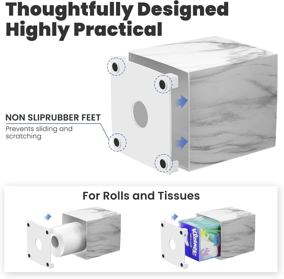 Tissue Box Cover,Square Plastic Tissue Holder with Non-Slip Base,Marble