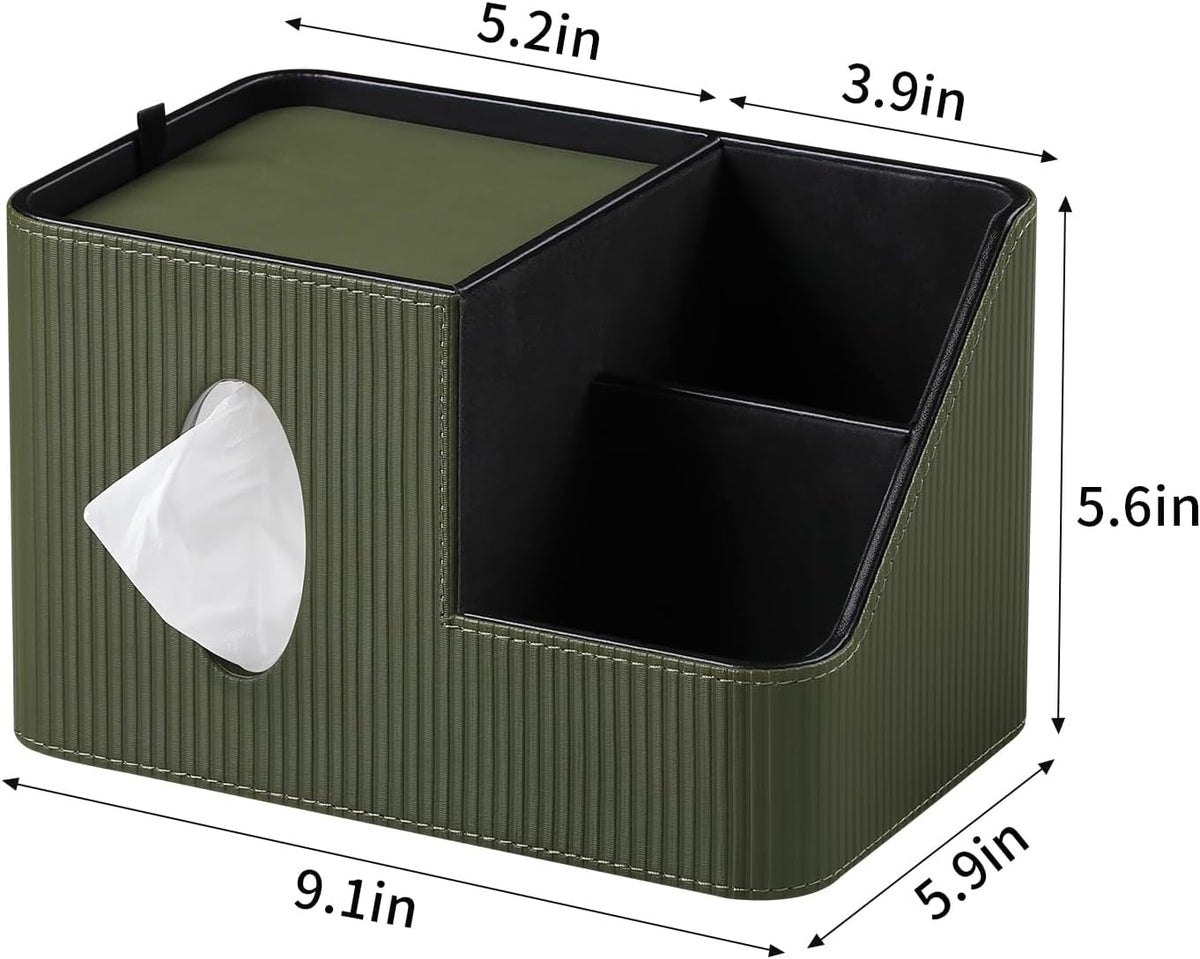 PU Leather Square Tissue Box Cover with Magnetic Closure, Tissue Holder with Storage Tray & Remote Control Organizer, for Nightstand, Living Room, Bathroom, Office Desk (Green Stripes)