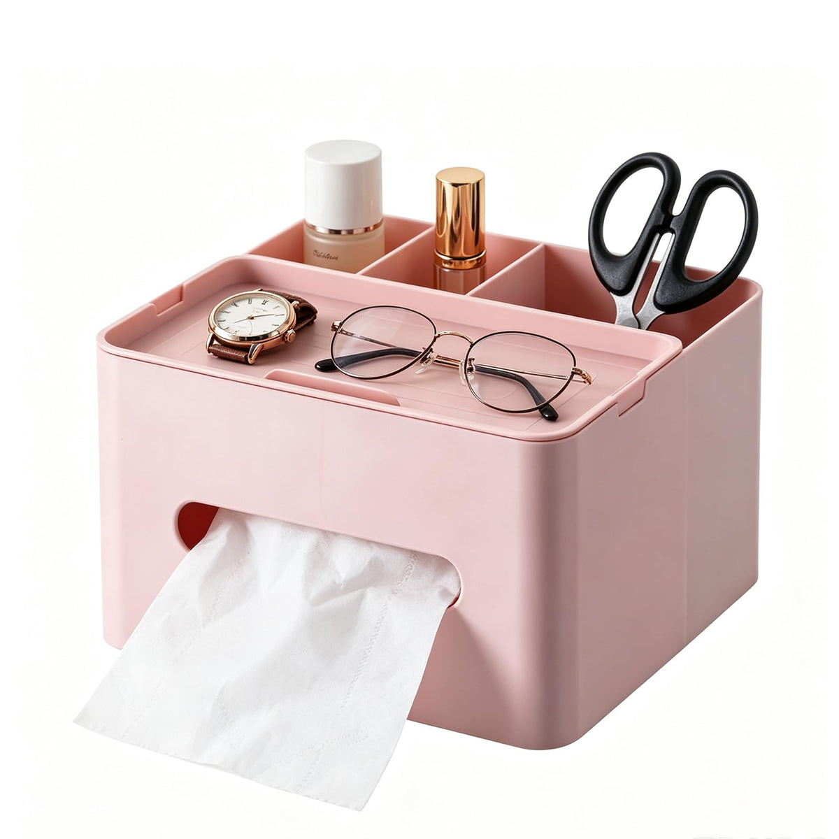 HornTide 5-in-1 Tissue Box Holder with Storage Caddy, 7 Inch Plastic Multifunction Countertop Organizer, 3X Compartments 1x Top Tray, Ideal for Office, Home, Vanity, Makeup & Stationery (Blue)