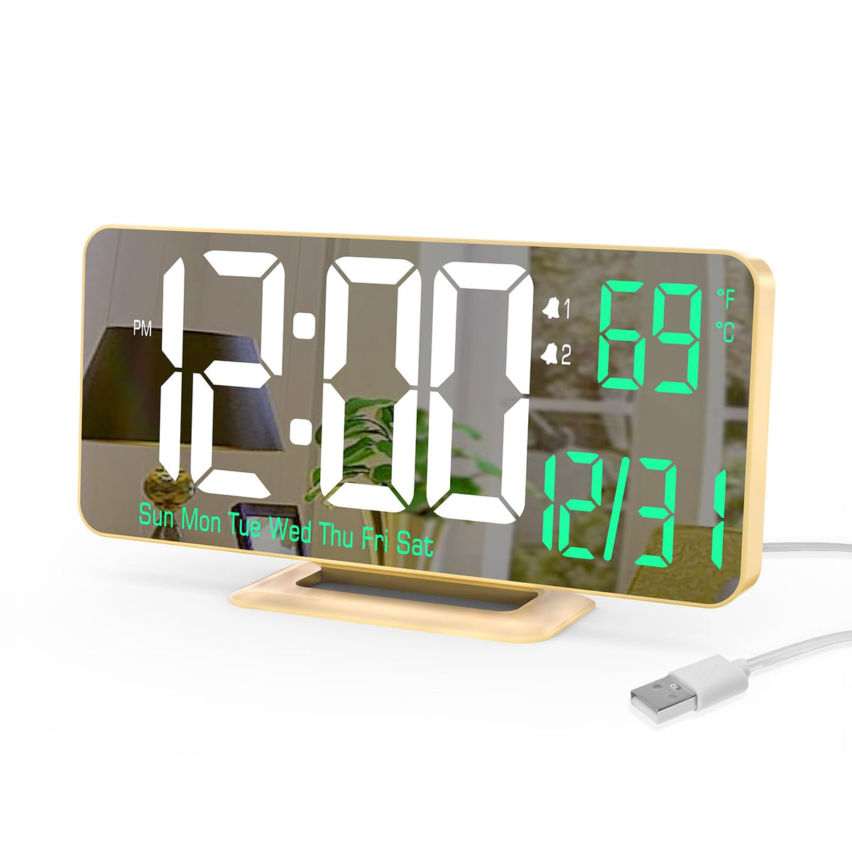 KOSUMOSU Alarm Clock for Bedroom, 6.7" Led Desk Digital Clock,Mirror Clock,Dual Alarm Clock for Living Room with Seconds,Date,Week,12/24h,Dimming,Temp
