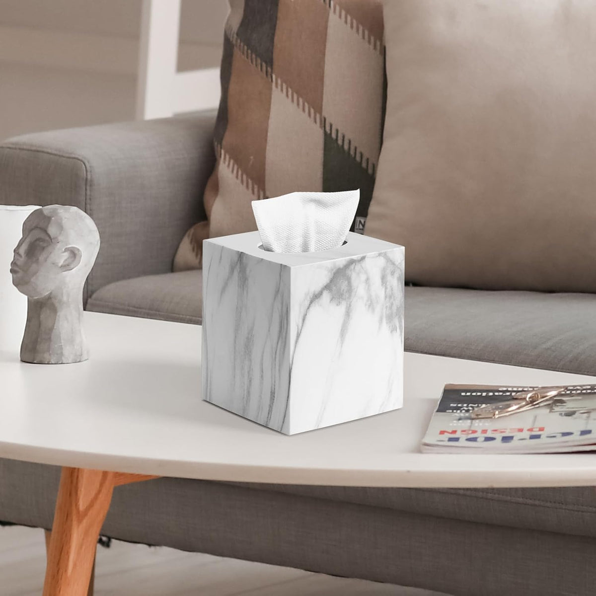 Tissue Box Cover,Square Plastic Tissue Holder with Non-Slip Base,Marble