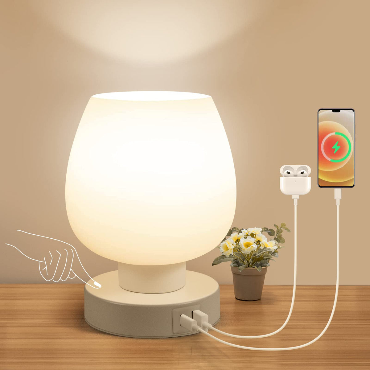 ONEWISH Small Bedside Lamp for Bedroom, 3-Way Dimmable Touch Control, 600 Lumen Bright Opal Glass Shade, 7.5 Inch Ultra Compact Nightstand Lamp, Warm White 2700K LED Bulb Included, Modern Design