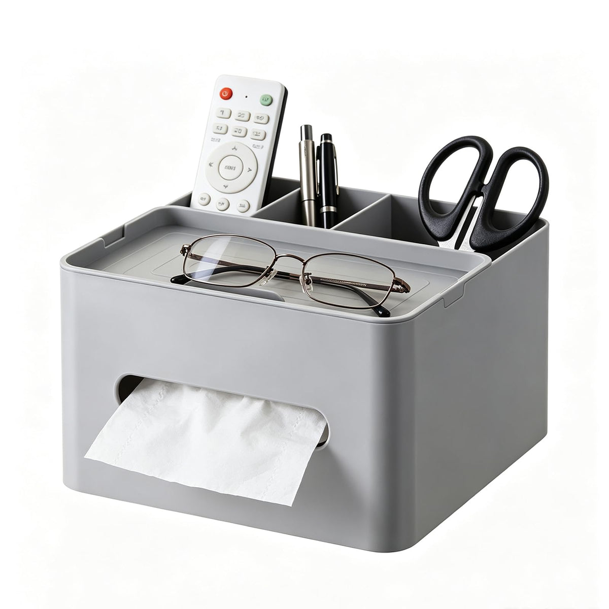 HornTide 5-in-1 Tissue Box Holder with Storage Caddy, 7 Inch Plastic Multifunction Countertop Organizer, 3X Compartments 1x Top Tray, Ideal for Office, Home, Vanity, Makeup & Stationery (Blue)
