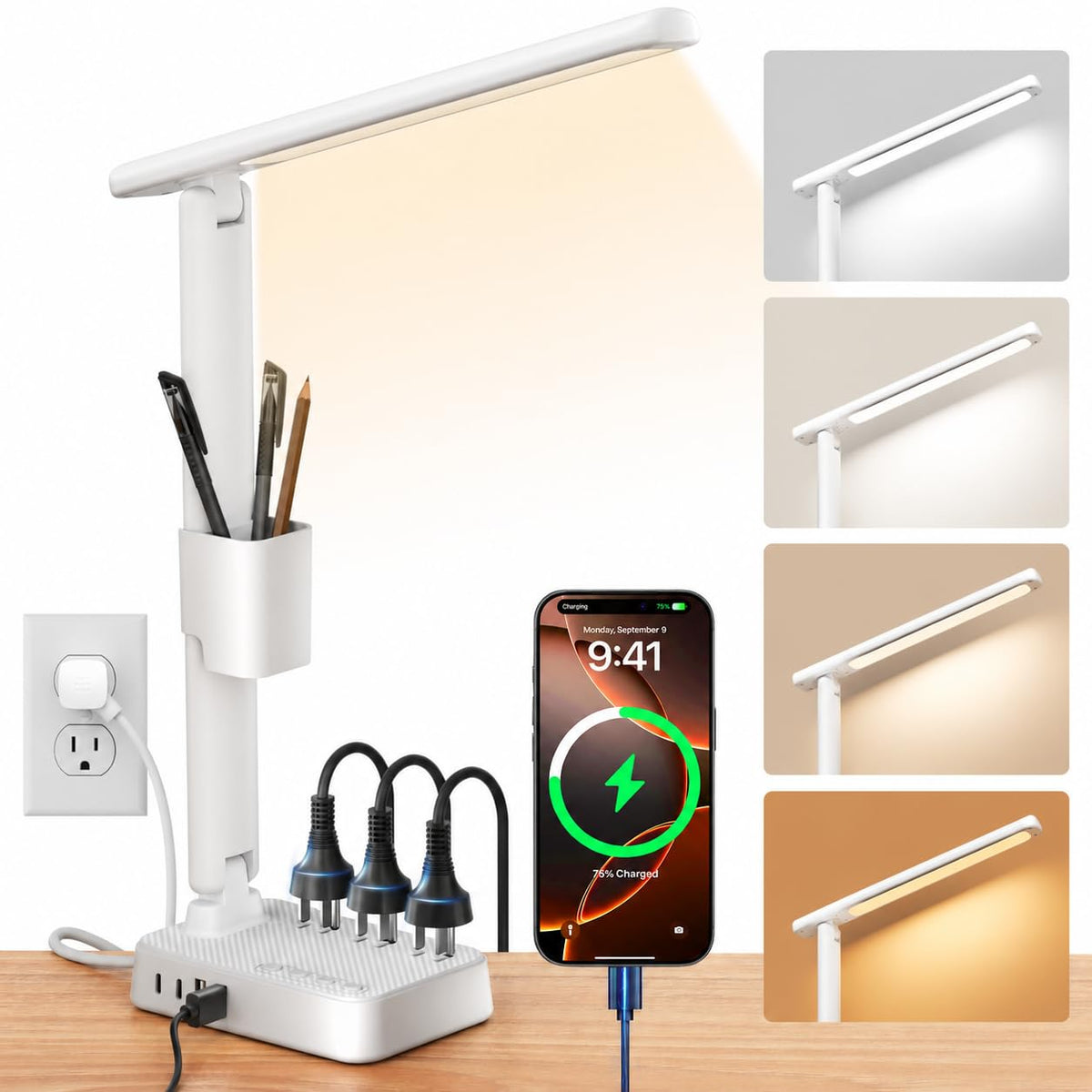 LED Desk Lamp with Power Strip, 3 AC Outlets, 4 USB Ports, Stepless Dimming