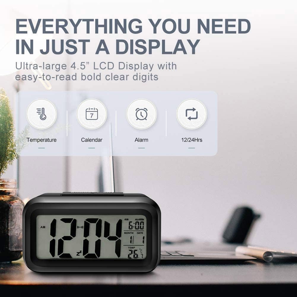 Lesipee Digital Alarm Clock, Clock for Bedroom, Desk Clock Battery Operated, Digital Clock with Smart Night Light 12/24H Display Snooze Function for Heavy Sleepers for Kids