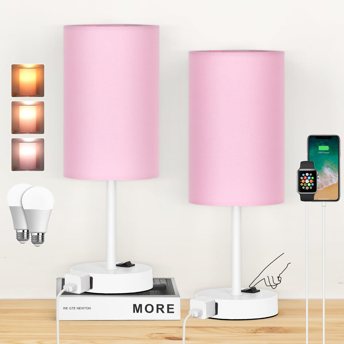 ZJOJO Table Lamp Set of 2, 13.8" Bedside Small Lamp for Bedroom Nightstand