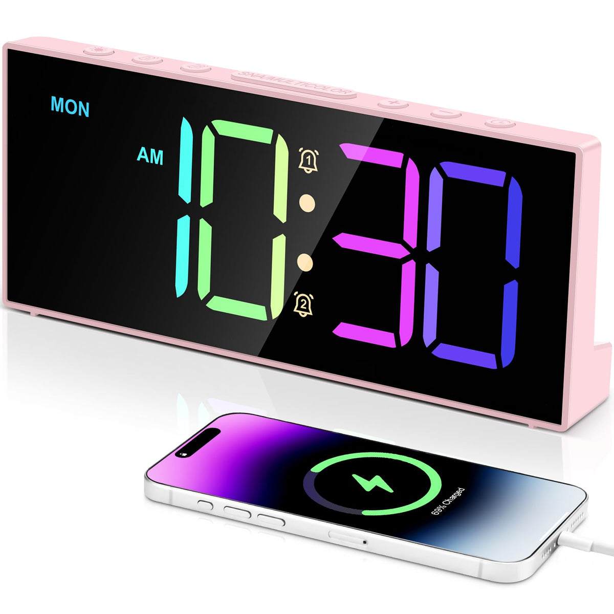 Digital Alarm Clocks,Large Big Numbers Cute clocks for Bedrooms,college dormitories,Teens,Modern Décor Plug in Clock with USB Charger Port Adjustable 3-Levels volume,5 Dimmers,Battery Backup (Pink)