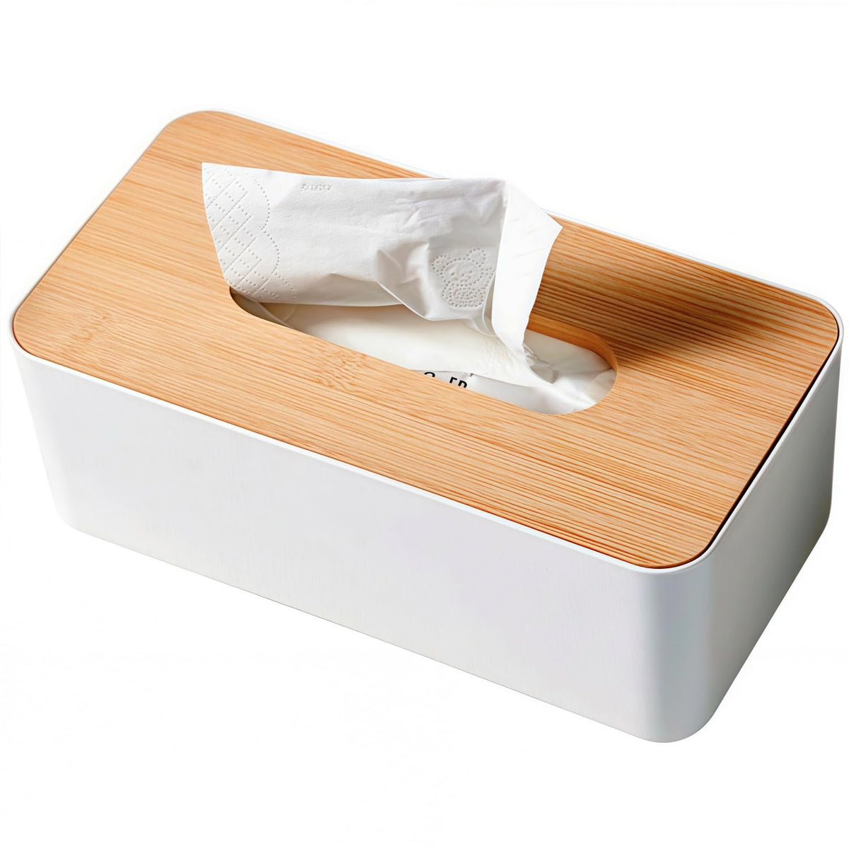 Tissue Box with Bamboo Cover, Plastic Tissue Organizer, Bathroom Tissue Dispenser for Home, Bedroom, Office, Living Room, 8.1 × 4.5 × 3.1 in (White)