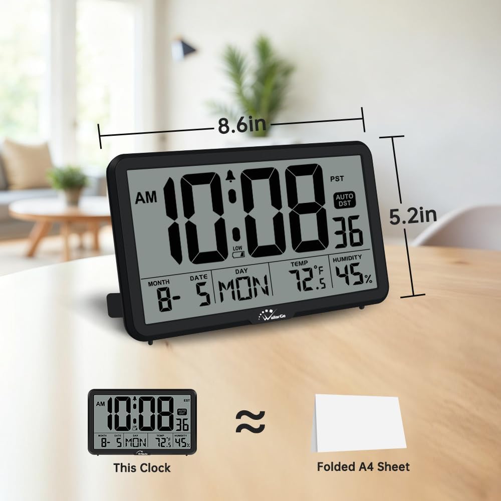 WallarGe Auto Set Digital Wall Clock Battery Operated, Auto DST