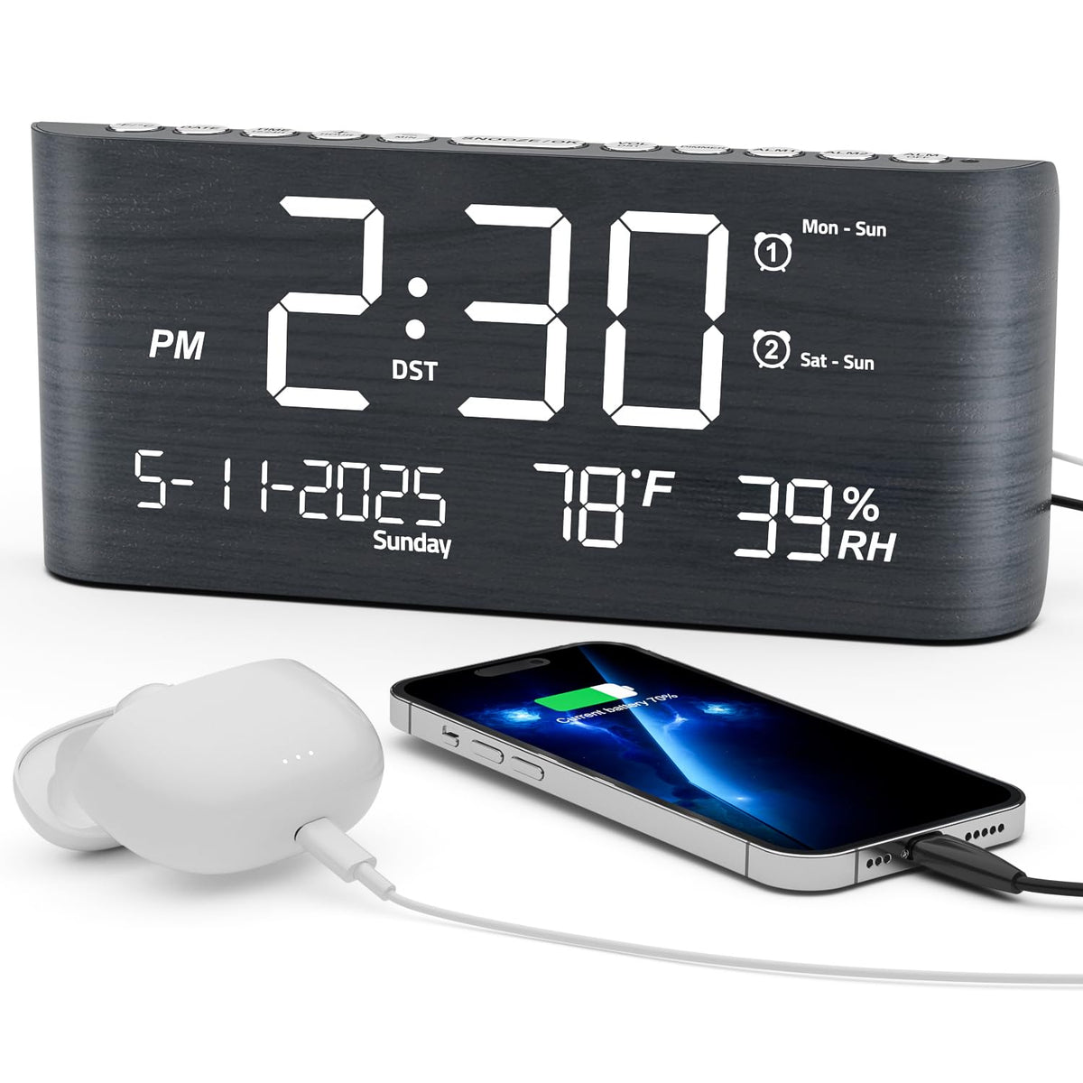 Mesqool Digital Alarm Clock, with Calendar Temperature and Humidity