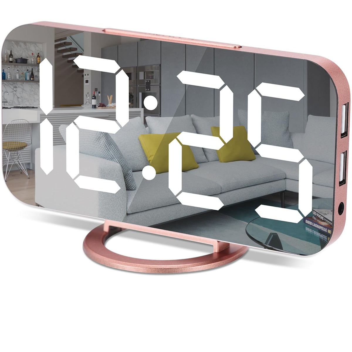 Digital Alarm Clock,7 in LED Mirrored Clocks Large Display,with 2 USB Charger Ports,Auto Dim,Night Mode,Modern Desktop Electronic Clocks for Bedroom Home Office Decor - Gold