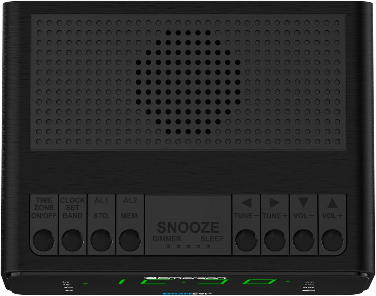 Emerson SmartSet Dual Alarm Clock Radio with AM/FM, Auto Time Setting, Sleep Timer, Snooze, 20 Presets, Easy-to-Read .9-inch Jade Green Dimmable LED Display, CKS1900