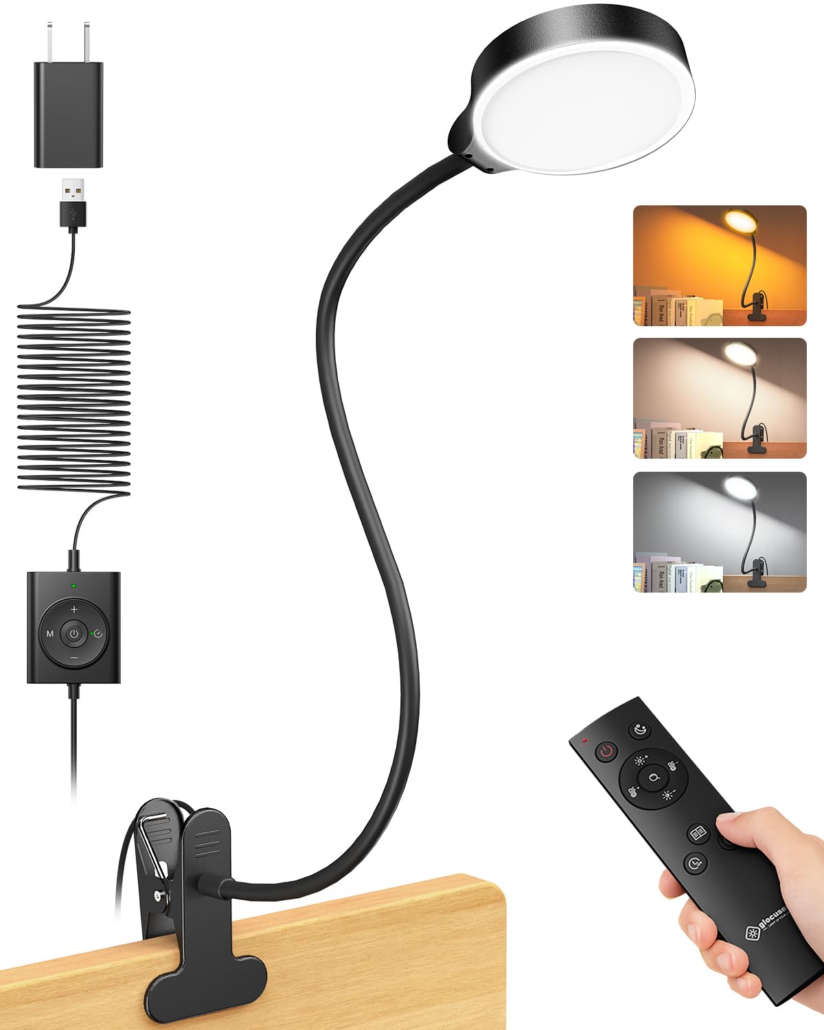 Glocusent 5W Clip on Light, 3 Colors & 5 Brightness Reading Light for Bed