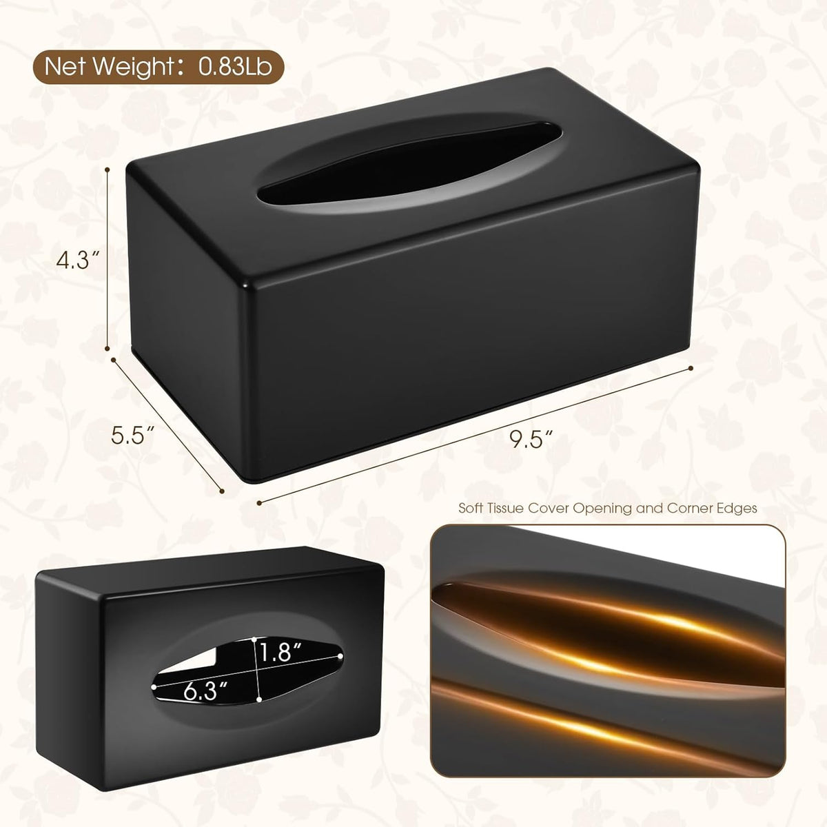 Y-in Hand Tissue Box Cover, Rectangle Facial Tissue Holder with Bottom, Decorative Storage Organizer Box for Bathroom Vanity, Countertops, Dressers, Night Stand, Parlors and Offices - Matte Black