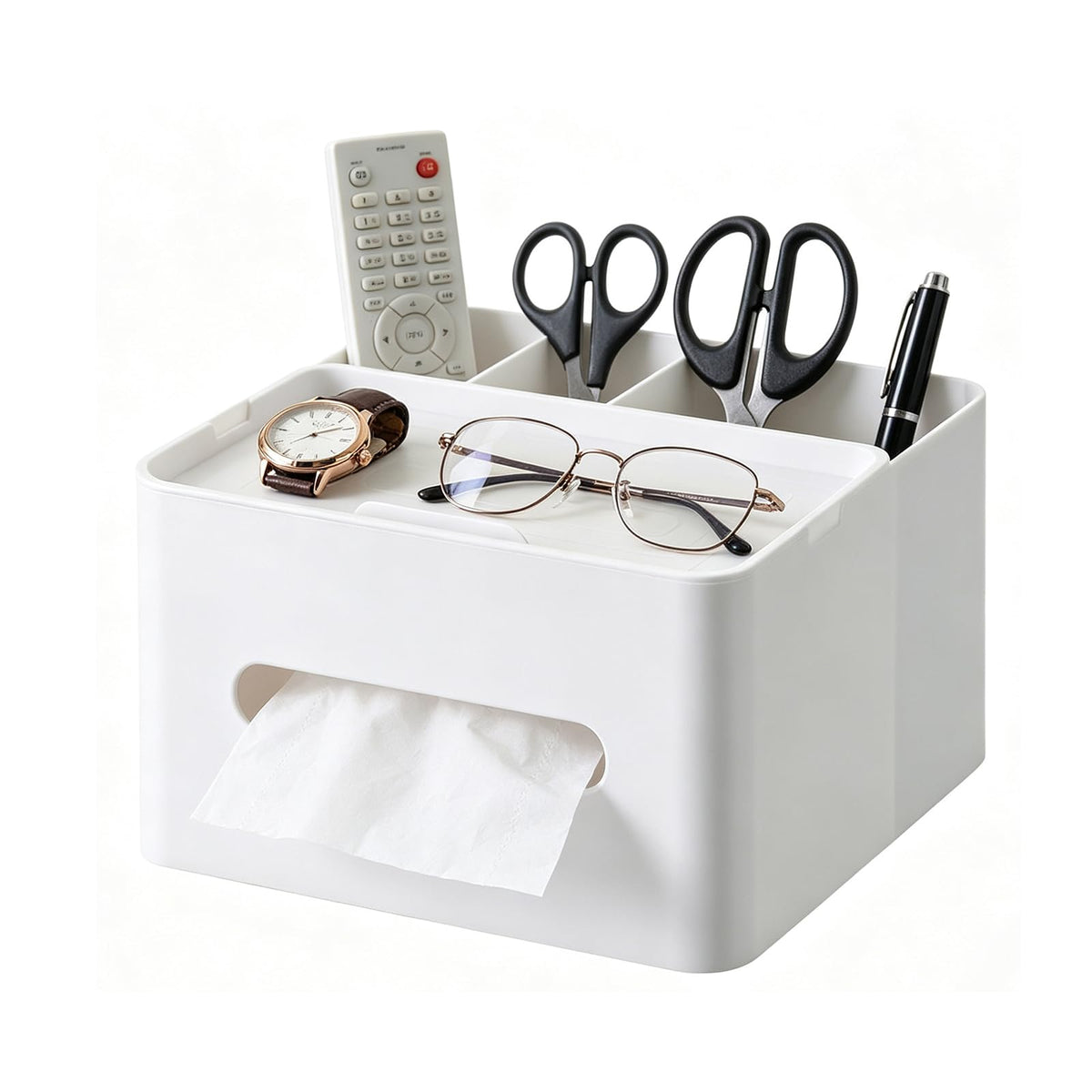 HornTide 5-in-1 Tissue Box Holder with Storage Caddy, 7 Inch Plastic Multifunction Countertop Organizer, 3X Compartments 1x Top Tray, Ideal for Office, Home, Vanity, Makeup & Stationery (Blue)