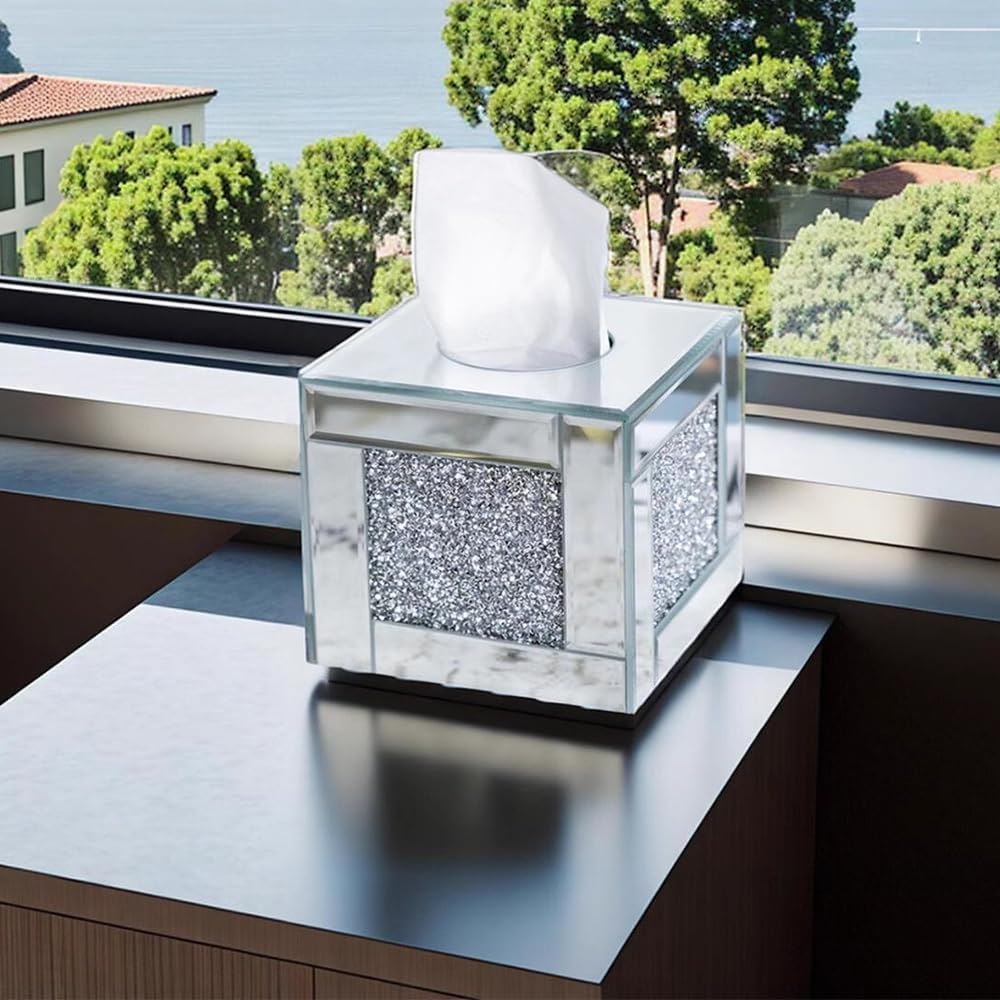Mirrored Tissue Box Cover Holder, Square Glass Facial Tissue Holder with Crushed Diamond Crystals, Luxury Facial Paper Organizer Dispenser for Bathroom, Vanity Countertop, Tabletop, Silver