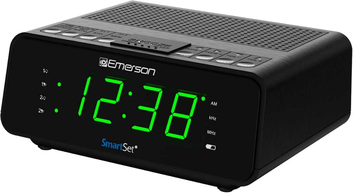 Emerson SmartSet Dual Alarm Clock Radio with AM/FM, Auto Time Setting, Sleep Timer, Snooze, 20 Presets, Easy-to-Read .9-inch Jade Green Dimmable LED Display, CKS1900