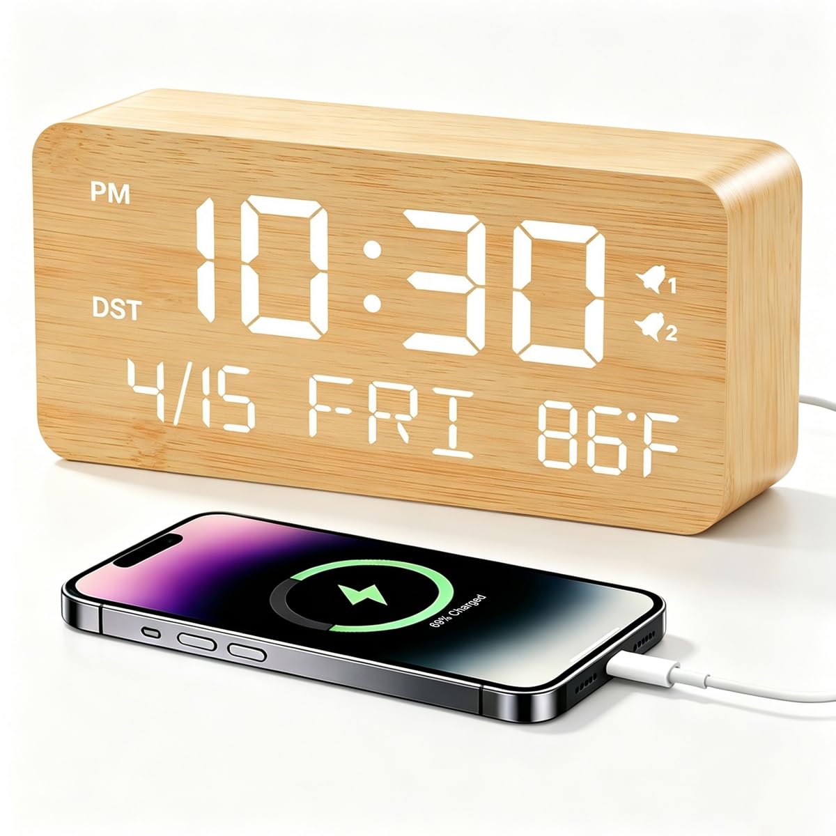 Premium Brown Wooden Digital Alarm Clock with Wireless Phone Charger, Dual USB Charging Ports, Dimmable LED Display, Date and Day of Week, Small Digital Desk Clock for Bedroom Nightstand Bedside Table