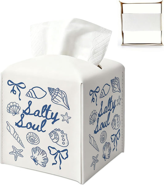 Coastal Tissue Box Cover Square, Blue Beach Tissue Box Holder Cube