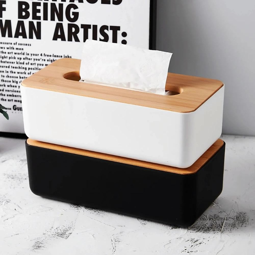 Tissue Box with Bamboo Cover, Plastic Tissue Organizer, Bathroom Tissue Dispenser for Home, Bedroom, Office, Living Room, 8.1 × 4.5 × 3.1 in (White)