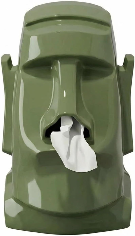 Creative Moai Tissue Box Holder with Headphone Holder, Suitable for Living Room, Bedroom and Other Desktop Storage Boxes, Green,Cream White, Black. (Medieval Green)