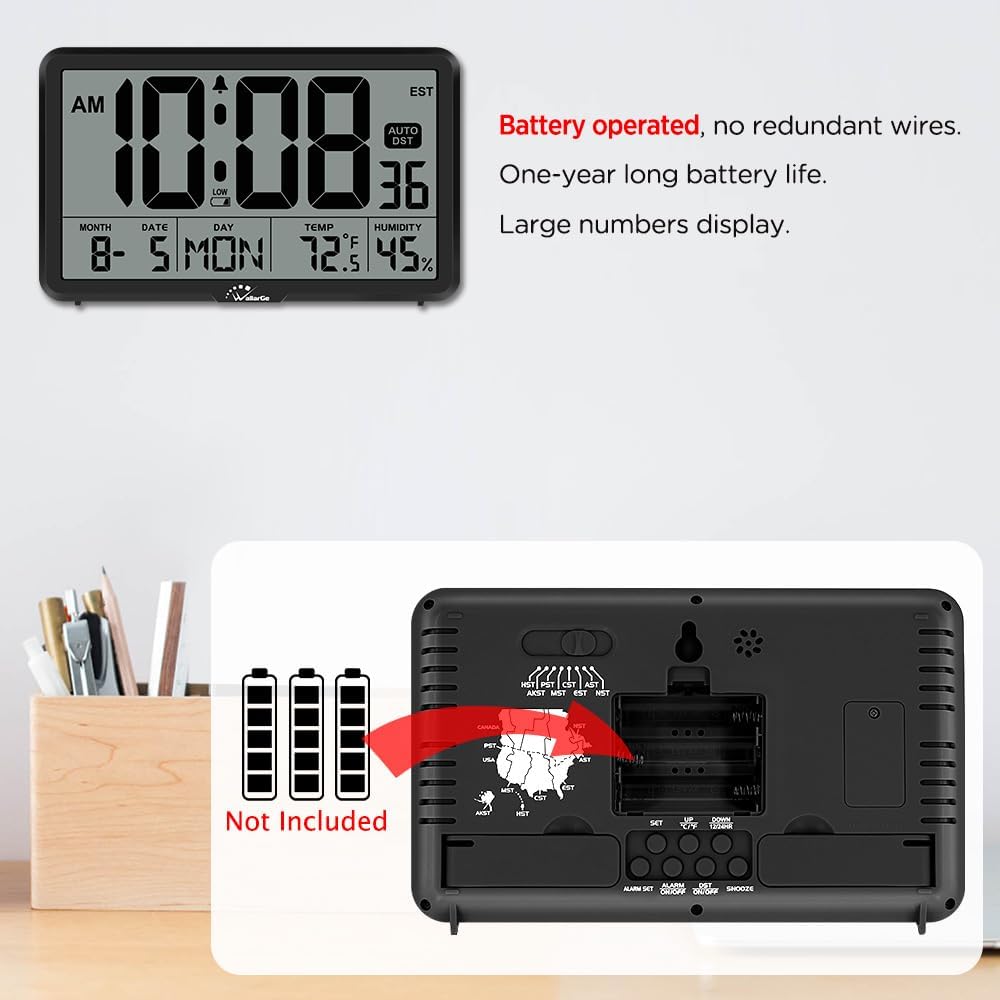 WallarGe Auto Set Digital Wall Clock Battery Operated, Auto DST