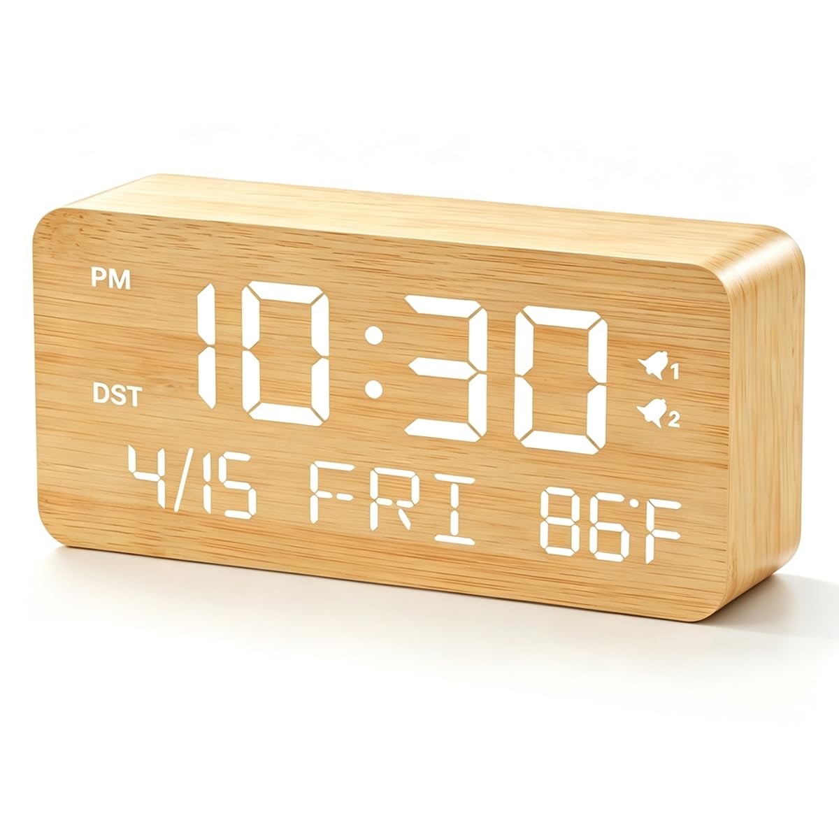 Premium Wooden Digital Alarm Clock with USB Charging Ports, Dimmable LED Display, Date, Day of Week, Temperature, DST, Clocks for Bedrooms, Desk, Nightstand, Bedside, Table, Office, Living Room Decor