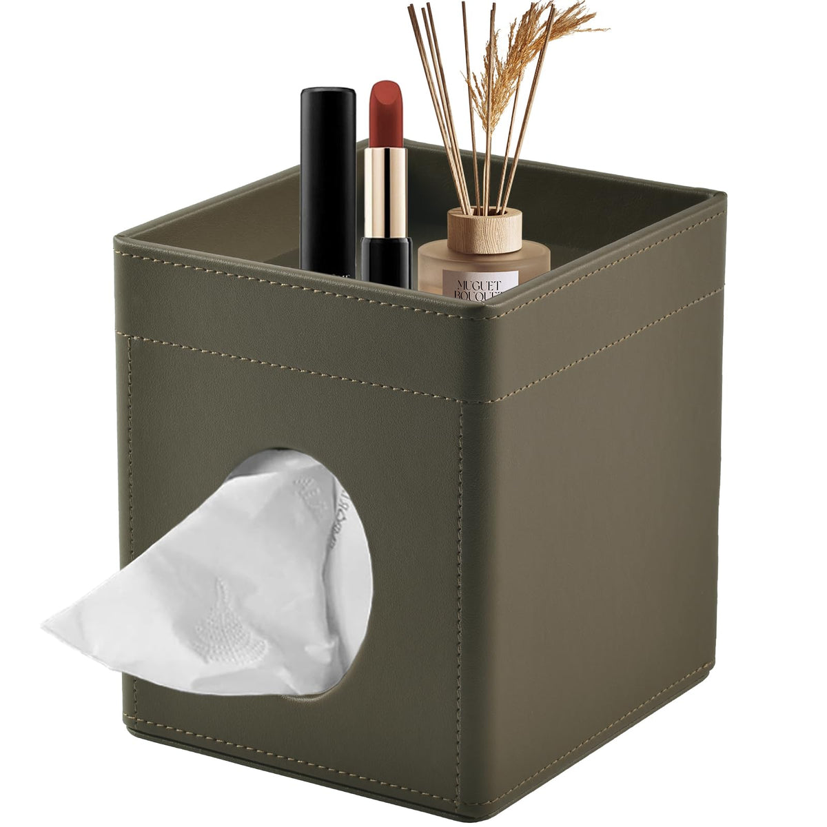 Tissue Box Cover Square Tissue Box Holder PU Leather Facial Tissues Organizer with Storage Tray for Bathroom Vanity Bedroom Office Car, Stylish Napkin Caddy Decorative Organizer (Black)