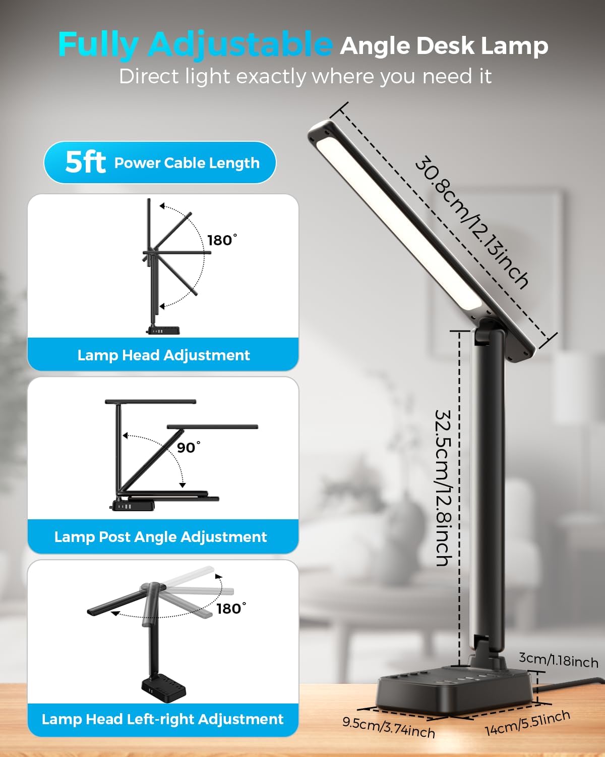 LED Desk Lamp with Power Strip, 3 AC Outlets, 4 USB Ports, Stepless Dimming