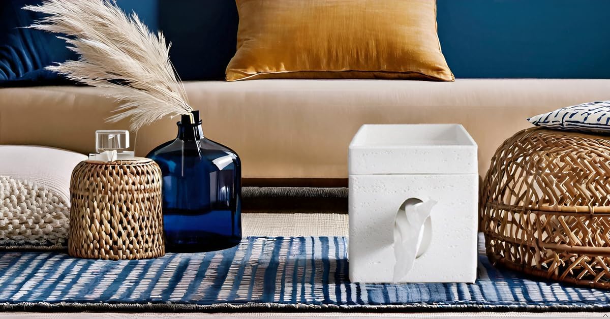Hymmah Tray Tissue Box Cover Holder Unique Cube Design Tissue Dispenser Cover Decor for Vanity Counter Tops Also Great for Bedroom and Living Room White