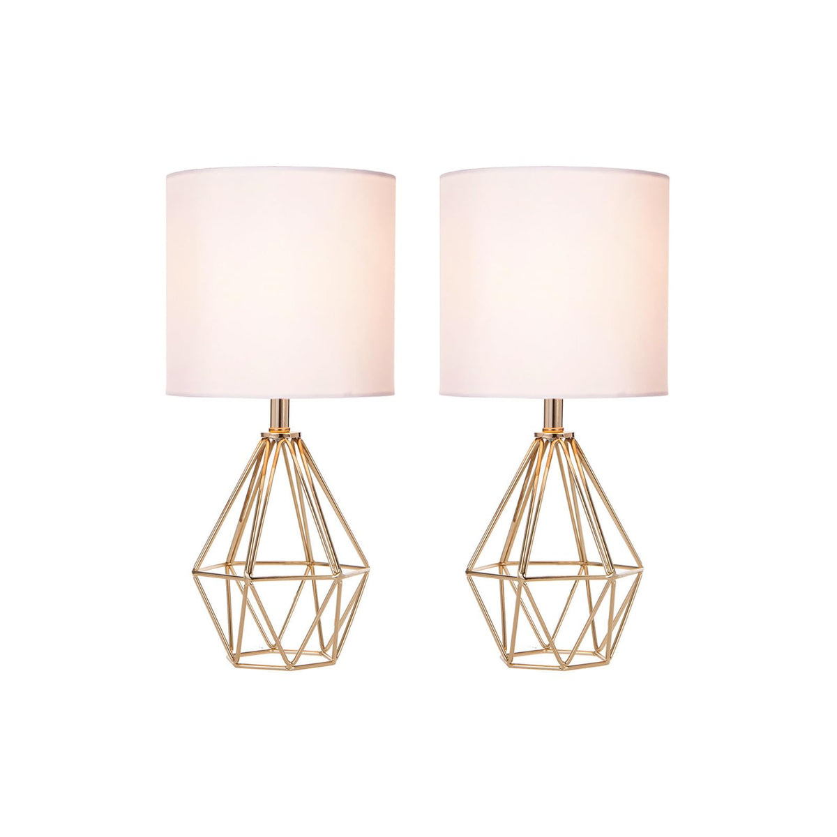 Gold Modern Hollow Out Base Bedroom Small Table Lamp,Bedside Nightstand Lamp with Geometric Metal Base White Fabric Shade,Cute Desk Lamp for Kids Living Room