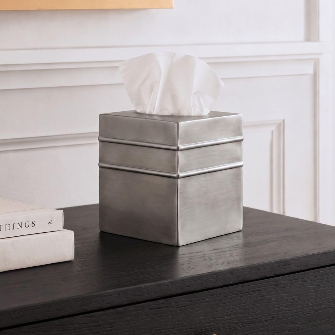 Monarch Abode Tissue Box Cover Square – Handcrafted Border Embossed Pewter Metal Tissue Holder Box for Bathroom Accessory, Aesthetic Decorative Facial Napkin Cube for Modern Home Decor