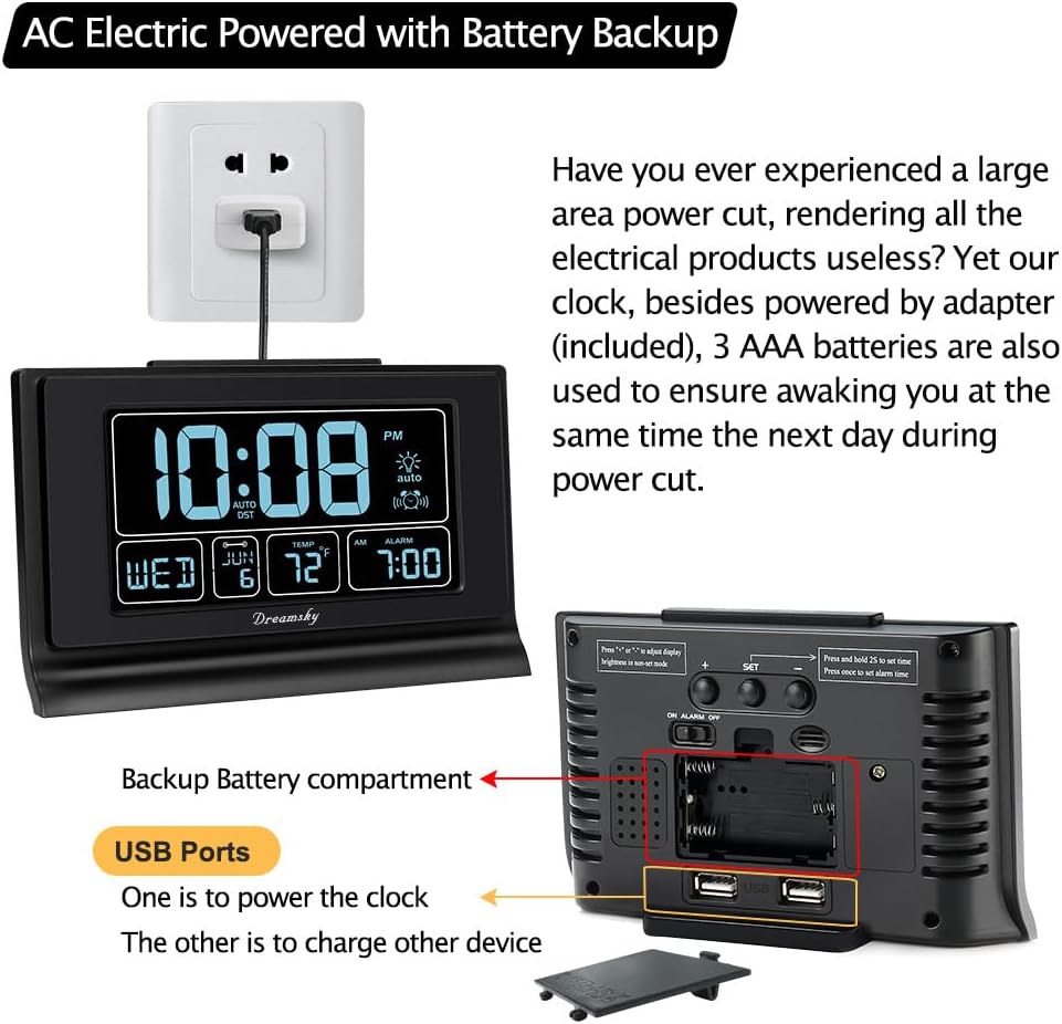 DreamSky Alarm Clocks for Bedrooms with Battery Backup, Auto Set