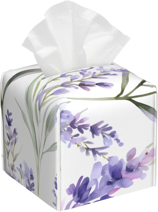 Lavender Flower Tissue Box Cover, Purple Floral Square Tissue Box Holder PU Leather Tissue Organizer Hand Towel Box Cover Kitchen Desktop Home Office Decorative