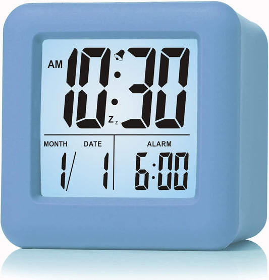 Plumeet Digital Alarm Clock Kids Clock with Snooze and White Nightlight - Easy Setting Travel Alarm Clocks Display Time, Date, Alarm - Ascending Sound - Battery Powered (Baby Blue)