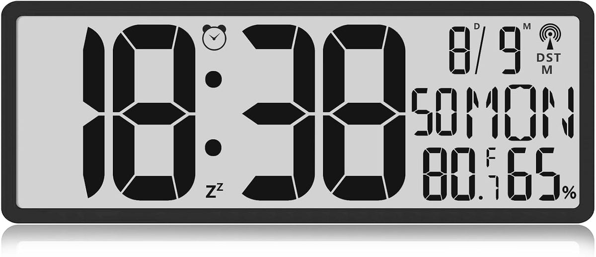 Digital LCD Atomic Desktop Clock, 7.8" Screen with Time, Date, Temperature, Humidity, Alarm, Snooze, DST, Time Zone for Home, Office (No Backlight)