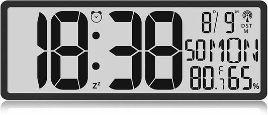 Digital LCD Atomic Desktop Clock, 7.8" Screen with Time, Date, Temperature, Humidity, Alarm, Snooze, DST, Time Zone for Home, Office (No Backlight)