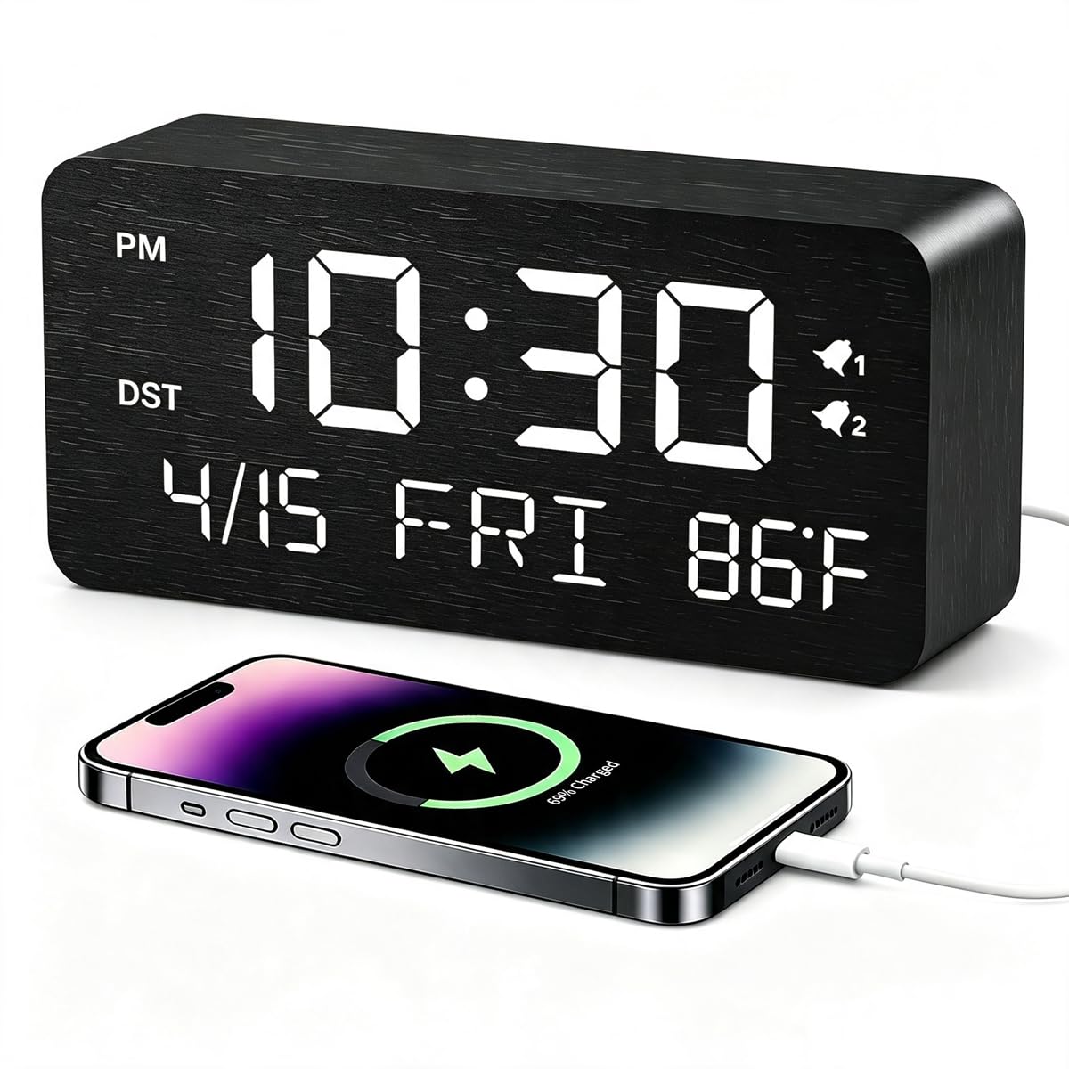 Premium Brown Wooden Digital Alarm Clock with Wireless Phone Charger, Dual USB Charging Ports, Dimmable LED Display, Date and Day of Week, Small Digital Desk Clock for Bedroom Nightstand Bedside Table